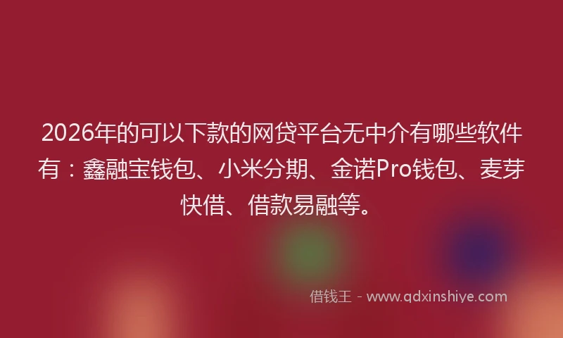2026年的可以下款的网贷平台无中介有哪些软件有：鑫融宝钱包、小米分期、金诺Pro钱包、麦芽快借、借款易融等。