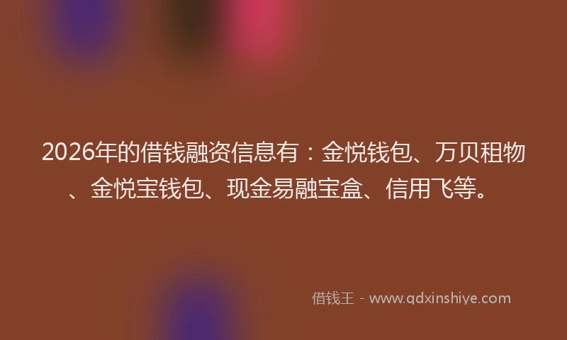 2026年的借钱融资信息有：金悦钱包、万贝租物、金悦宝钱包、现金易融宝盒、信用飞等。