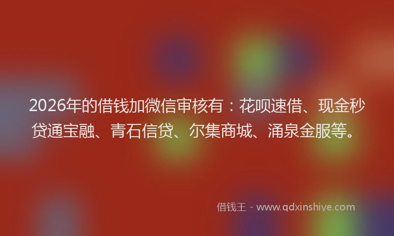 2026年的借钱加微信审核有：花呗速借、现金秒贷通宝融、青石信贷、尔集商城、涌泉金服等。