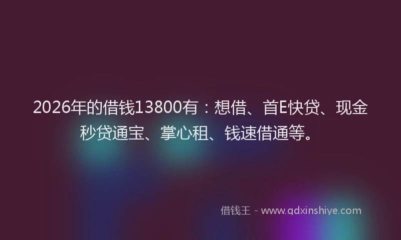 2026年的借钱13800有：想借、首E快贷、现金秒贷通宝、掌心租、钱速借通等。