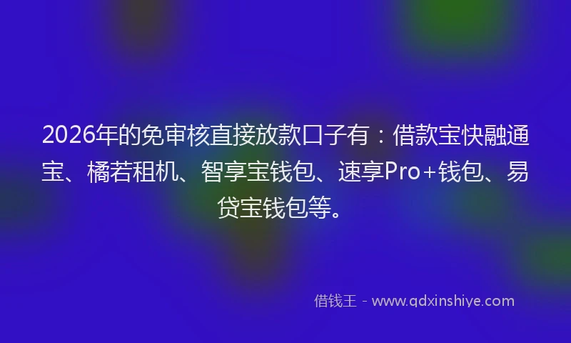 2026年的免审核直接放款口子有：借款宝快融通宝、橘若租机、智享宝钱包、速享Pro+钱包、易贷宝钱包等。