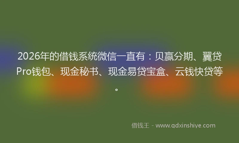 2026年的借钱系统微信一直有：贝赢分期、翼贷Pro钱包、现金秘书、现金易贷宝盒、云钱快贷等。
