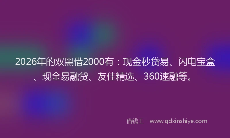 2026年的双黑借2000有：现金秒贷易、闪电宝盒、现金易融贷、友佳精选、360速融等。