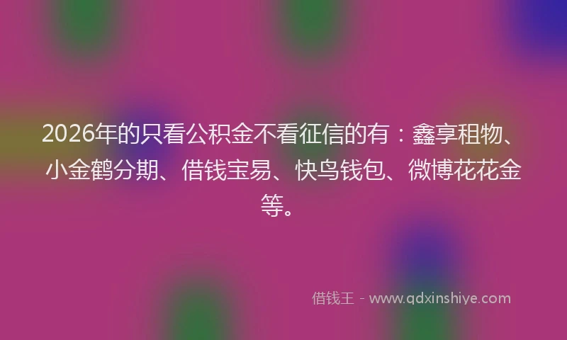 2026年的只看公积金不看征信的有：鑫享租物、小金鹤分期、借钱宝易、快鸟钱包、微博花花金等。