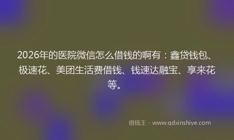 2026年的医院微信怎么借钱的啊有：鑫贷钱包、极速花、美团生活费借钱、钱速达融宝、享来花等。