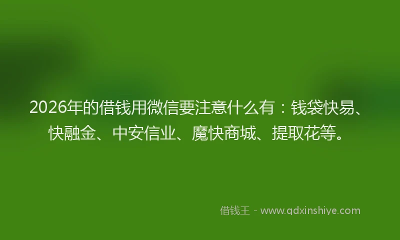 2026年的借钱用微信要注意什么有：钱袋快易、快融金、中安信业、魔快商城、提取花等。