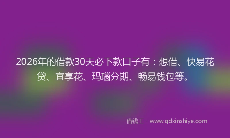 2026年的借款30天必下款口子有：想借、快易花贷、宜享花、玛瑙分期、畅易钱包等。