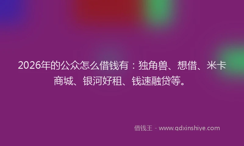 2026年的公众怎么借钱有：独角兽、想借、米卡商城、银河好租、钱速融贷等。
