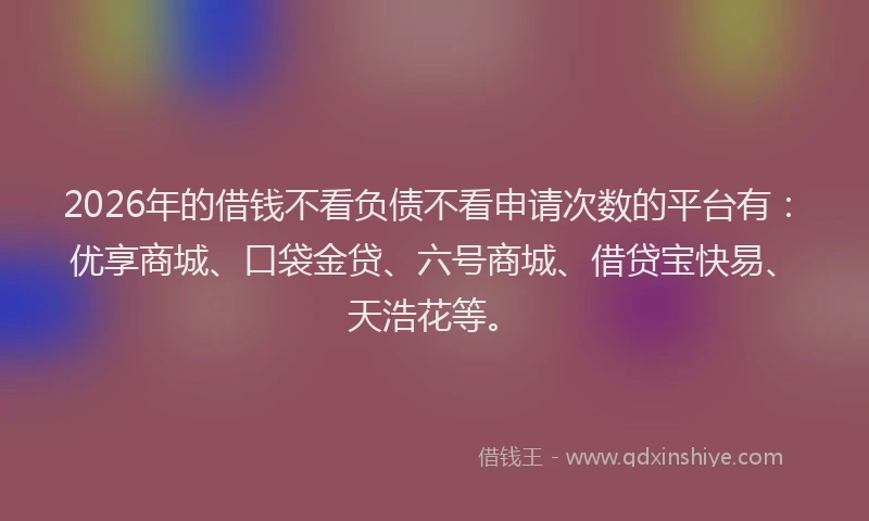 2026年的借钱不看负债不看申请次数的平台有：优享商城、口袋金贷、六号商城、借贷宝快易、天浩花等。