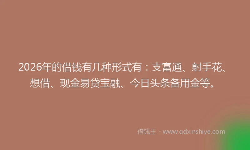 2026年的借钱有几种形式有：支富通、射手花、想借、现金易贷宝融、今日头条备用金等。