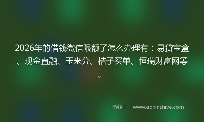2026年的借钱微信限额了怎么办理有：易贷宝盒、现金直融、玉米分、桔子买单、恒瑞财富网等。