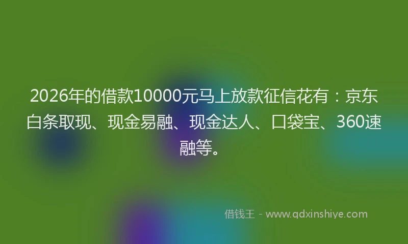 2026年的借款10000元马上放款征信花有：京东白条取现、现金易融、现金达人、口袋宝、360速融等。