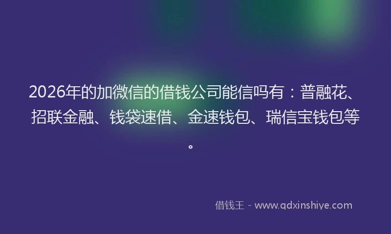 2026年的加微信的借钱公司能信吗有：普融花、招联金融、钱袋速借、金速钱包、瑞信宝钱包等。