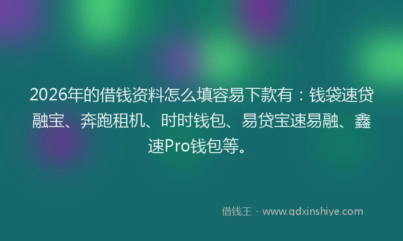 2026年的借钱资料怎么填容易下款有：钱袋速贷融宝、奔跑租机、时时钱包、易贷宝速易融、鑫速Pro钱包等。