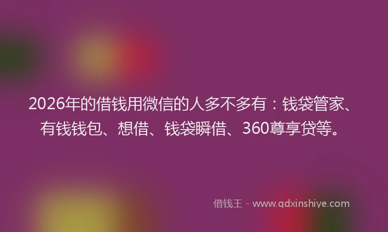 2026年的借钱用微信的人多不多有：钱袋管家、有钱钱包、想借、钱袋瞬借、360尊享贷等。