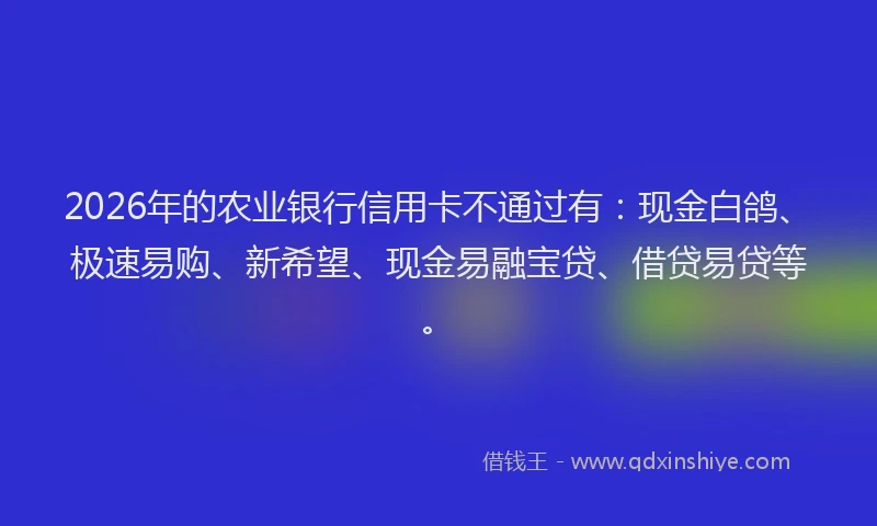 2026年的农业银行信用卡不通过有：现金白鸽、极速易购、新希望、现金易融宝贷、借贷易贷等。
