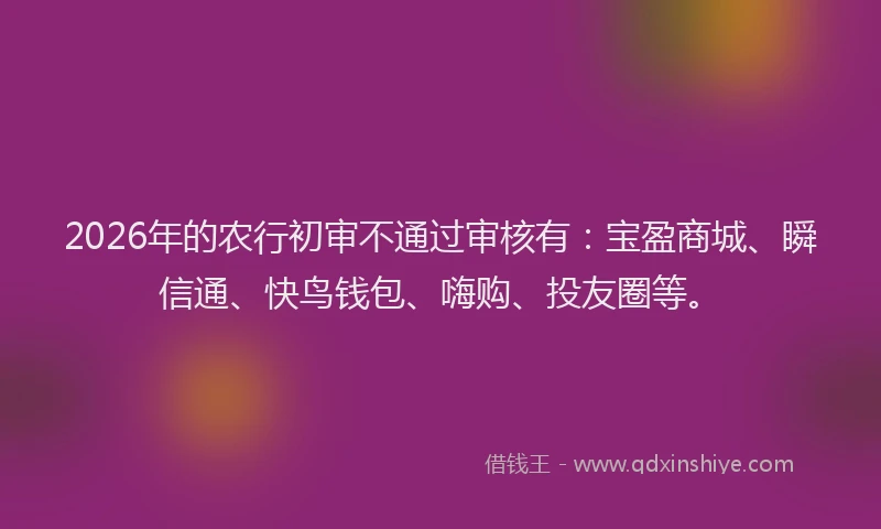 2026年的农行初审不通过审核有：宝盈商城、瞬信通、快鸟钱包、嗨购、投友圈等。