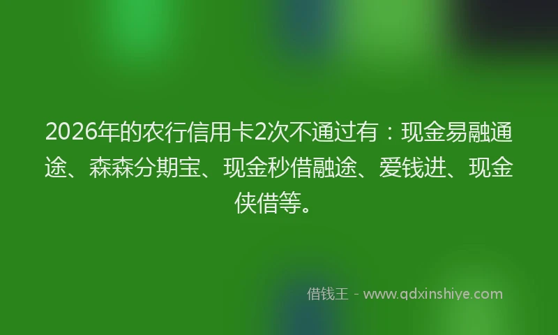 2026年的农行信用卡2次不通过有：现金易融通途、森森分期宝、现金秒借融途、爱钱进、现金侠借等。