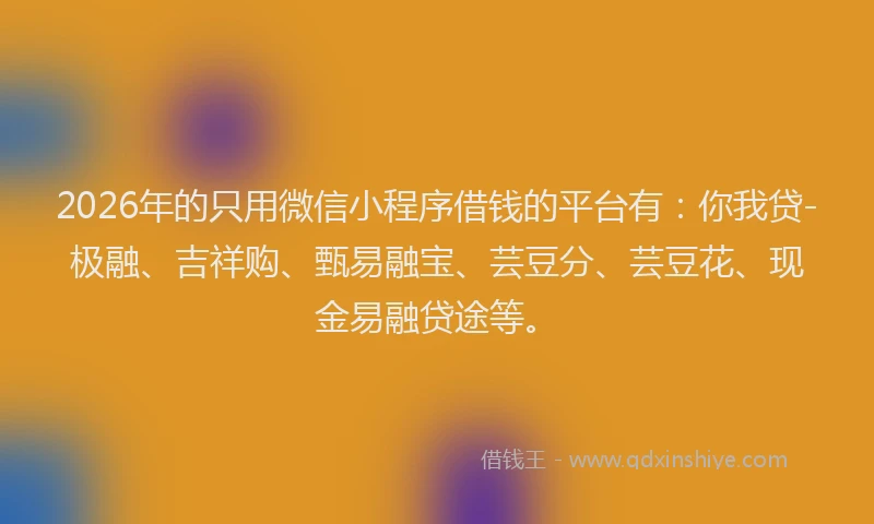 2026年的只用微信小程序借钱的平台有：你我贷-极融、吉祥购、甄易融宝、芸豆分、芸豆花、现金易融贷途等。