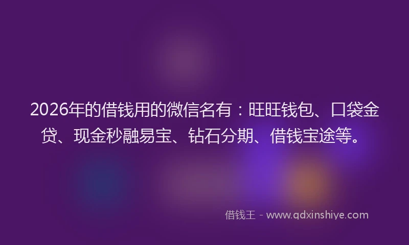 2026年的借钱用的微信名有：旺旺钱包、口袋金贷、现金秒融易宝、钻石分期、借钱宝途等。