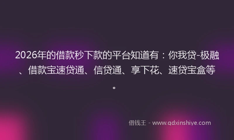 2026年的借款秒下款的平台知道有：你我贷-极融、借款宝速贷通、信贷通、享下花、速贷宝盒等。