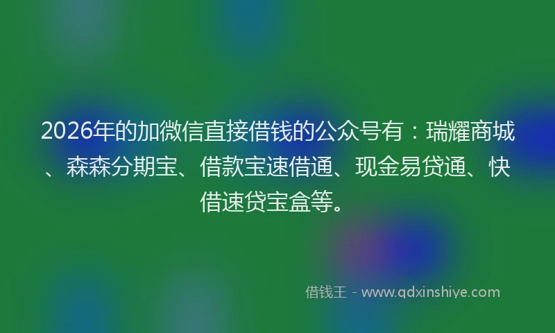 2026年的加微信直接借钱的公众号有：瑞耀商城、森森分期宝、借款宝速借通、现金易贷通、快借速贷宝盒等。