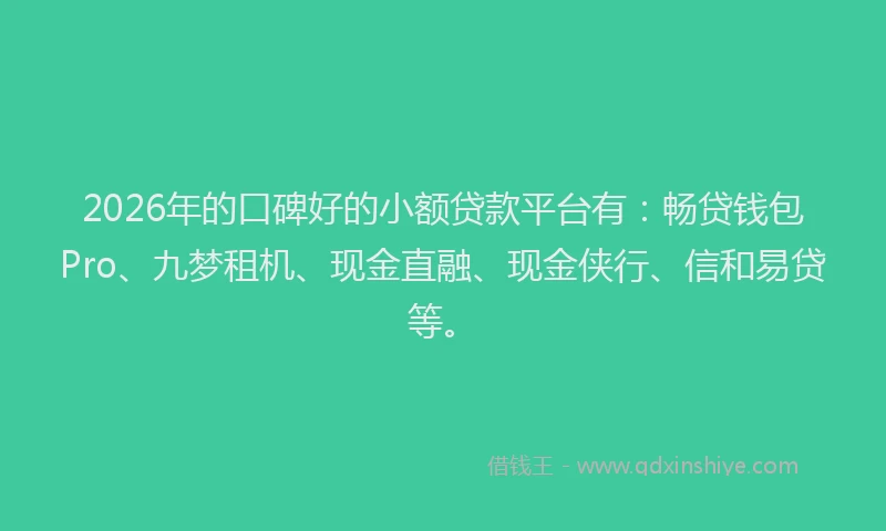 2026年的口碑好的小额贷款平台有：畅贷钱包Pro、九梦租机、现金直融、现金侠行、信和易贷等。