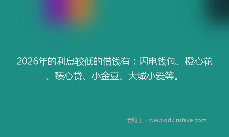 2026年的利息较低的借钱有：闪电钱包、橙心花、臻心贷、小金豆、大城小爱等。