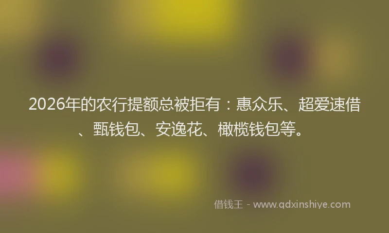 2026年的农行提额总被拒有：惠众乐、超爱速借、甄钱包、安逸花、橄榄钱包等。
