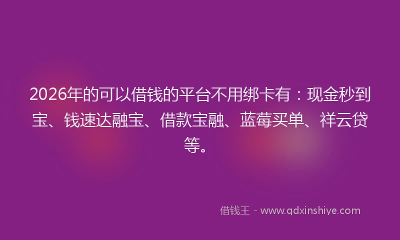 2026年的可以借钱的平台不用绑卡有：现金秒到宝、钱速达融宝、借款宝融、蓝莓买单、祥云贷等。