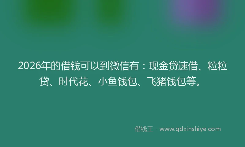 2026年的借钱可以到微信有：现金贷速借、粒粒贷、时代花、小鱼钱包、飞猪钱包等。