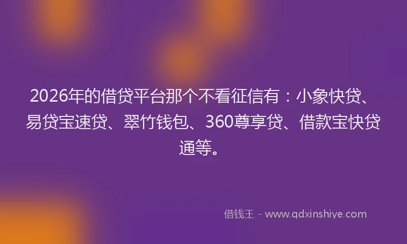 2026年的借贷平台那个不看征信有：小象快贷、易贷宝速贷、翠竹钱包、360尊享贷、借款宝快贷通等。