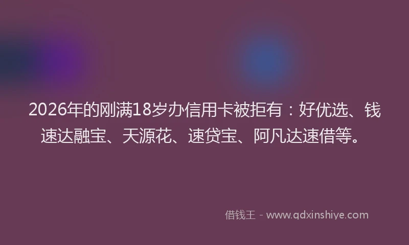 2026年的刚满18岁办信用卡被拒有：好优选、钱速达融宝、天源花、速贷宝、阿凡达速借等。