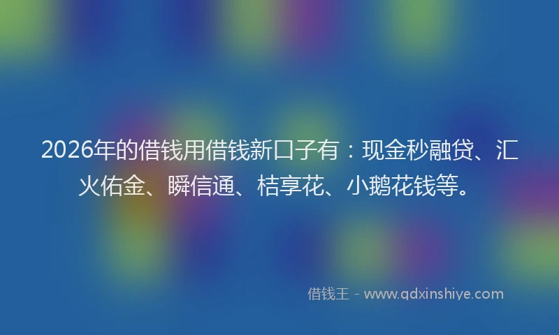 2026年的借钱用借钱新口子有：现金秒融贷、汇火佑金、瞬信通、桔享花、小鹅花钱等。