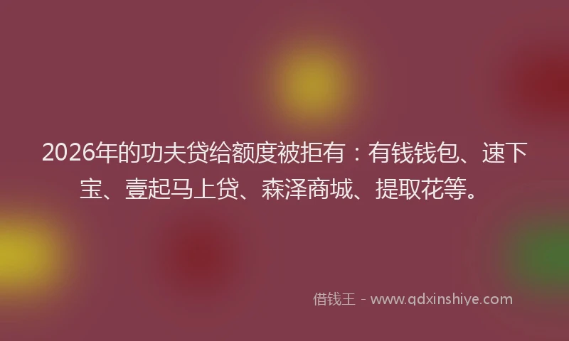 2026年的功夫贷给额度被拒有：有钱钱包、速下宝、壹起马上贷、森泽商城、提取花等。