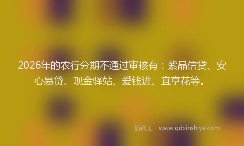 2026年的农行分期不通过审核有：紫晶信贷、安心易贷、现金驿站、爱钱进、宜享花等。