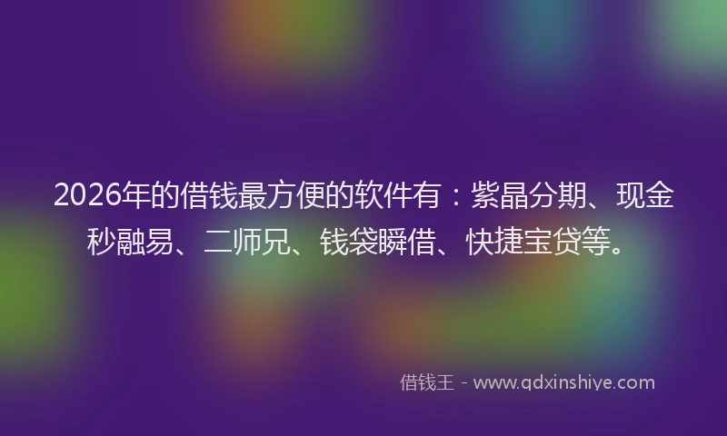 2026年的借钱最方便的软件有：紫晶分期、现金秒融易、二师兄、钱袋瞬借、快捷宝贷等。