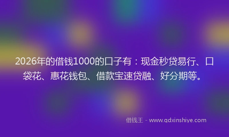 2026年的借钱1000的口子有：现金秒贷易行、口袋花、惠花钱包、借款宝速贷融、好分期等。