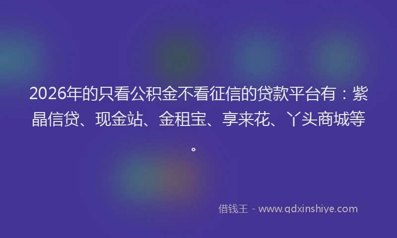 2026年的只看公积金不看征信的贷款平台有：紫晶信贷、现金站、金租宝、享来花、丫头商城等。