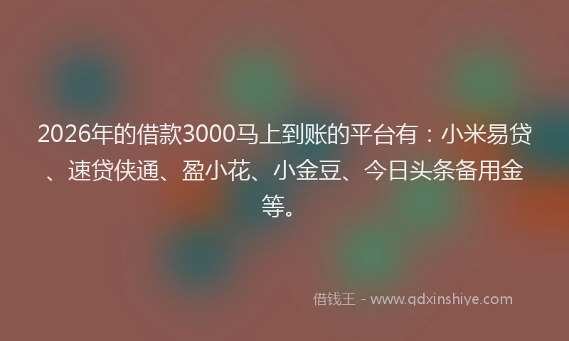 2026年的借款3000马上到账的平台有：小米易贷、速贷侠通、盈小花、小金豆、今日头条备用金等。