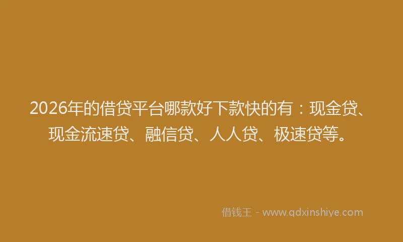 2026年的借贷平台哪款好下款快的有：现金贷、现金流速贷、融信贷、人人贷、极速贷等。