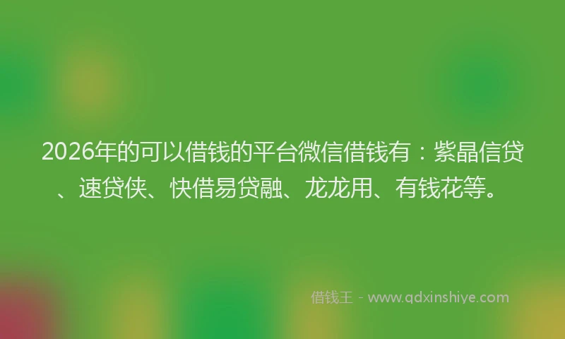 2026年的可以借钱的平台微信借钱有：紫晶信贷、速贷侠、快借易贷融、龙龙用、有钱花等。