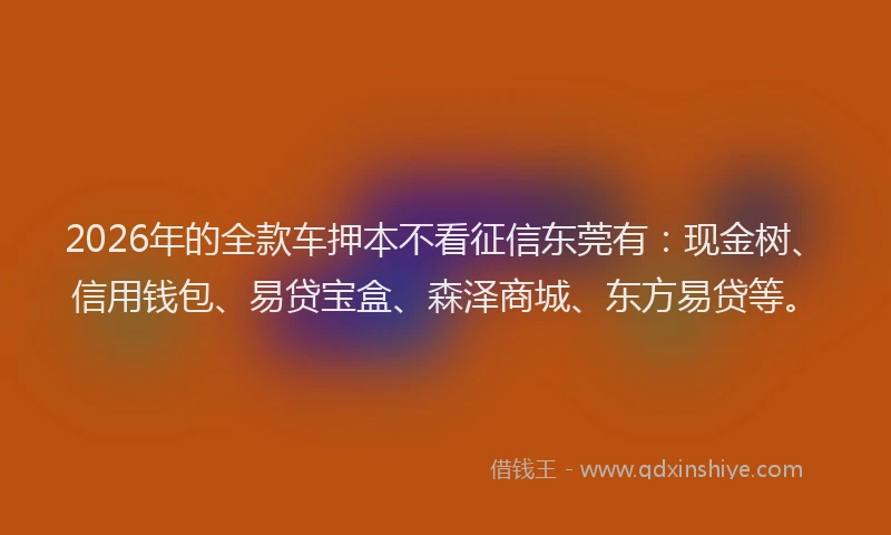 2026年的全款车押本不看征信东莞有：现金树、信用钱包、易贷宝盒、森泽商城、东方易贷等。