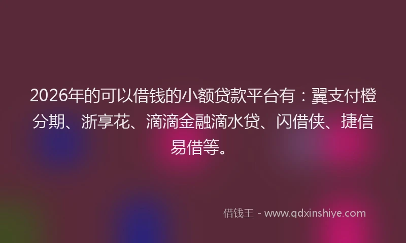 2026年的可以借钱的小额贷款平台有：翼支付橙分期、浙享花、滴滴金融滴水贷、闪借侠、捷信易借等。