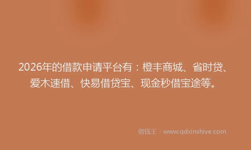 2026年的借款申请平台有：橙丰商城、省时贷、爱木速借、快易借贷宝、现金秒借宝途等。