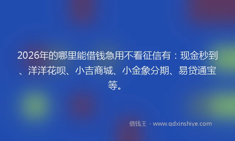 2026年的哪里能借钱急用不看征信有：现金秒到、洋洋花呗、小吉商城、小金象分期、易贷通宝等。