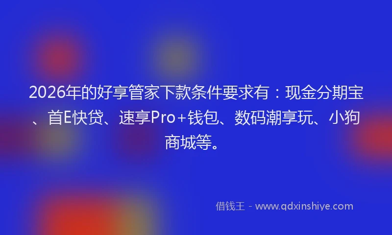 2026年的好享管家下款条件要求有：现金分期宝、首E快贷、速享Pro+钱包、数码潮享玩、小狗商城等。