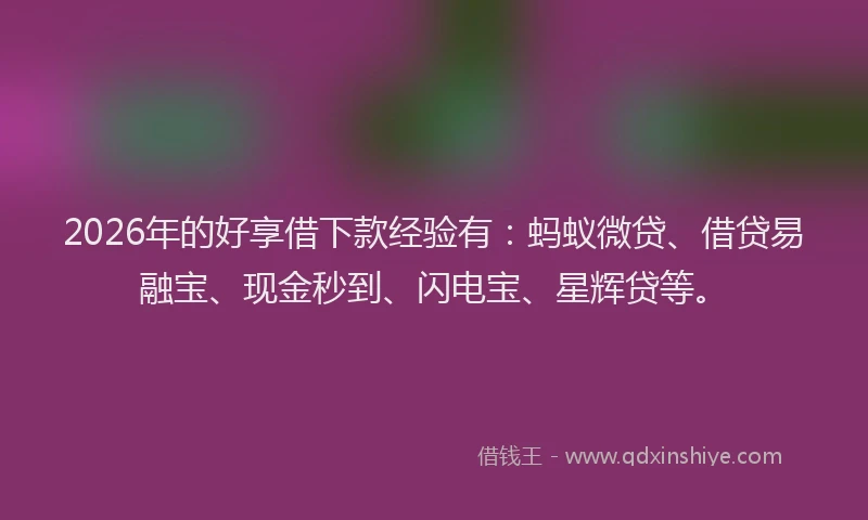 2026年的好享借下款经验有：蚂蚁微贷、借贷易融宝、现金秒到、闪电宝、星辉贷等。