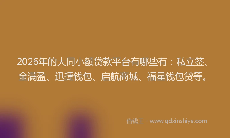 2026年的大同小额贷款平台有哪些有：私立签、金满盈、迅捷钱包、启航商城、福星钱包贷等。