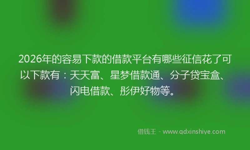 2026年的容易下款的借款平台有哪些征信花了可以下款有：天天富、星梦借款通、分子贷宝盒、闪电借款、彤伊好物等。